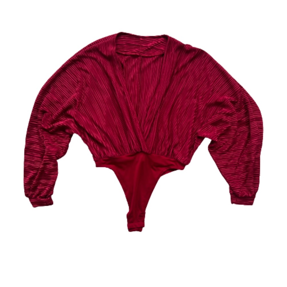 Red Long Sleeve Pleated Plunge Bodysuit